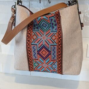 Embroidered Beige and Multicolor Women's Bag